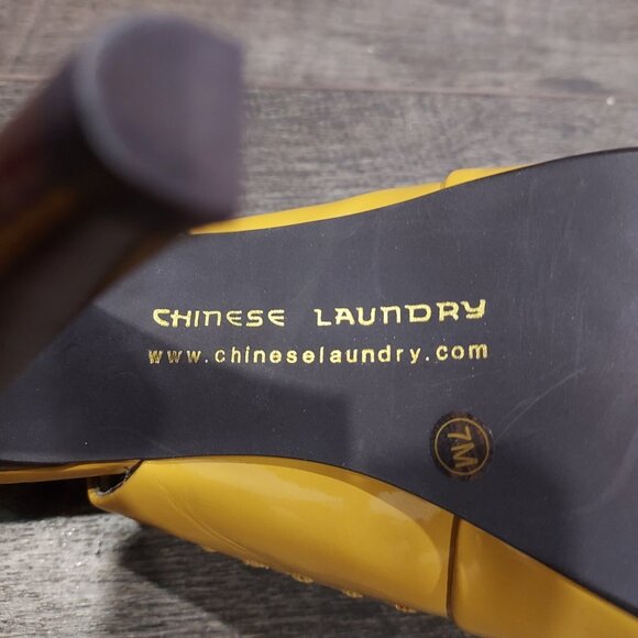 Chinese Laundry Yellow Patent Leather Slingback Brown Heels Pickstitch Size 7 - Picture 9 of 12